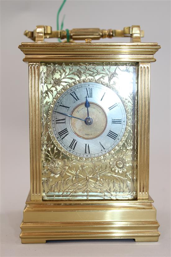 A late 19th century French hour repeating gilt brass carriage clock, 6.25in.